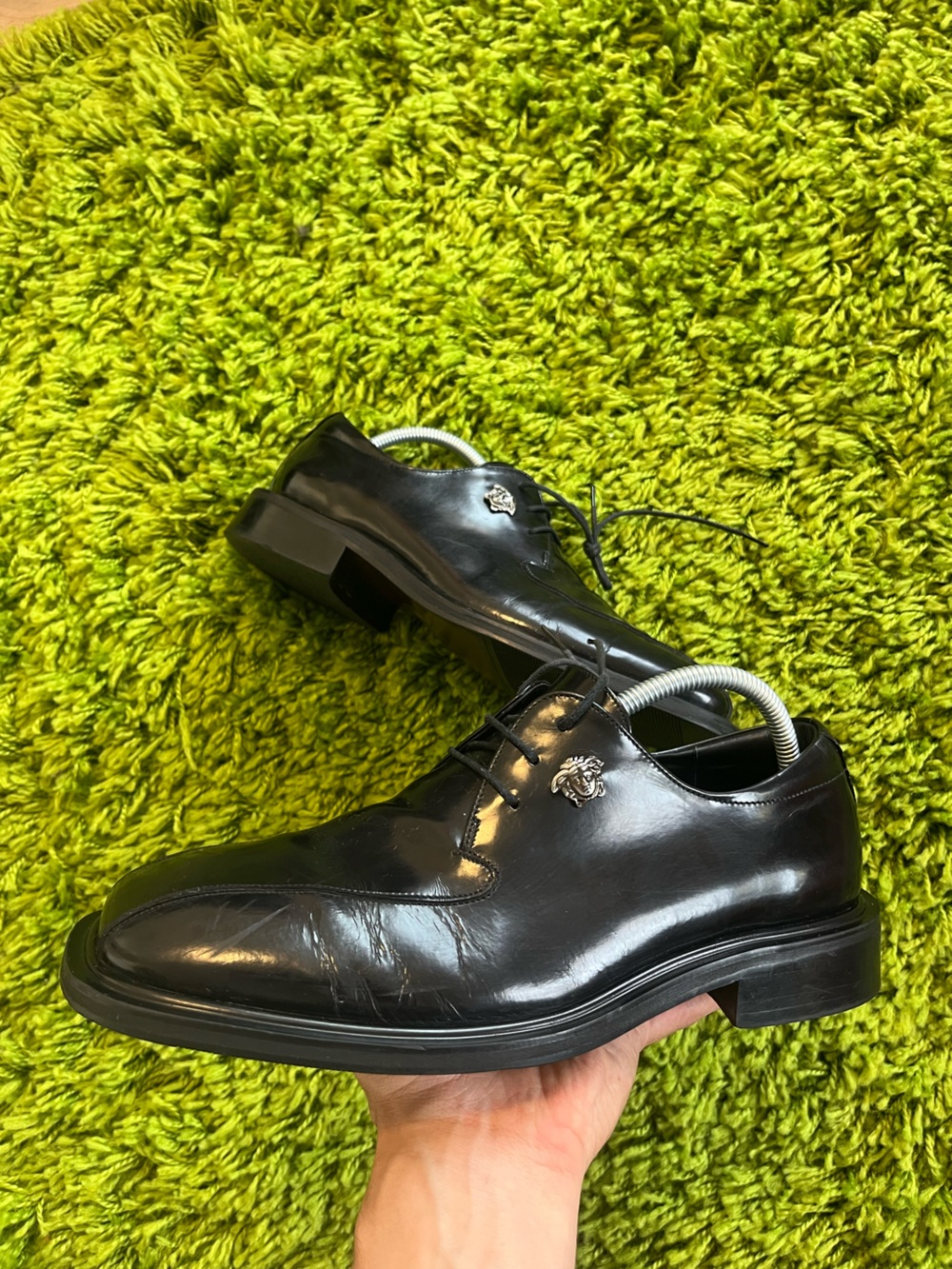 Gianni Versace Vintage Black Patent Leather Medusa Derby Dress Shoes